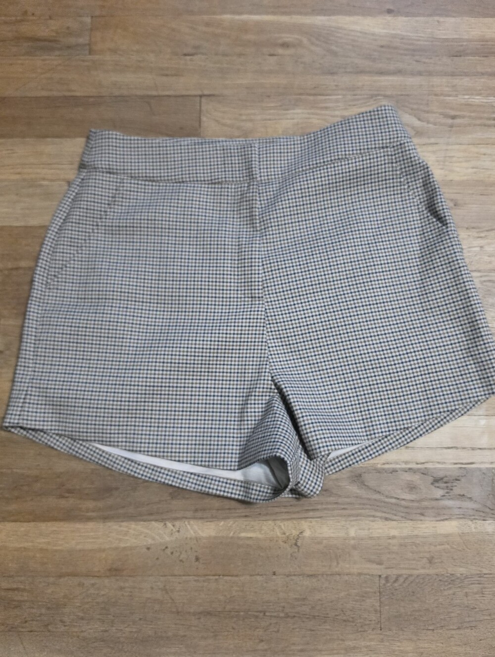 Meshki High-Waist Micro-Check Shorts in Beige and Black